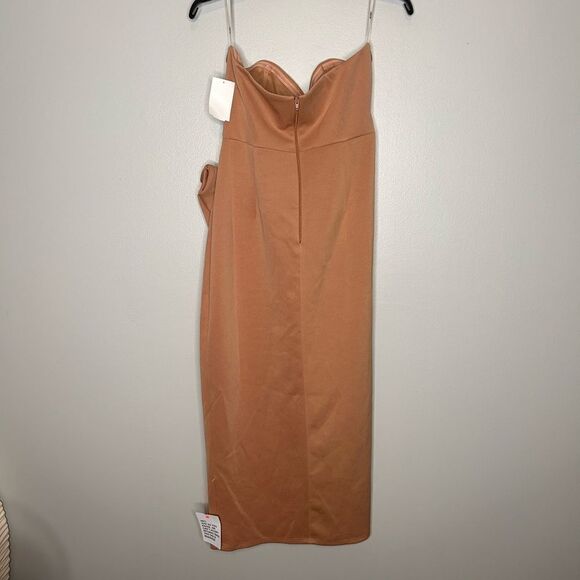 ASOS Design Cupped Bandeau Manipulated Pleat Midi Pencil Dress in Caramel NWT - Picture 6 of 8